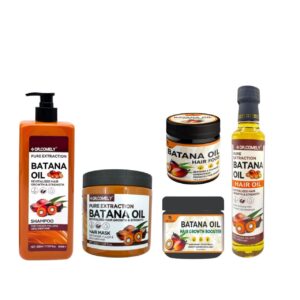 Batana Oil Hair Booster Combo featuring shampoo, hair mask, hair oil, hair food and hair growth booster for healthy hair.