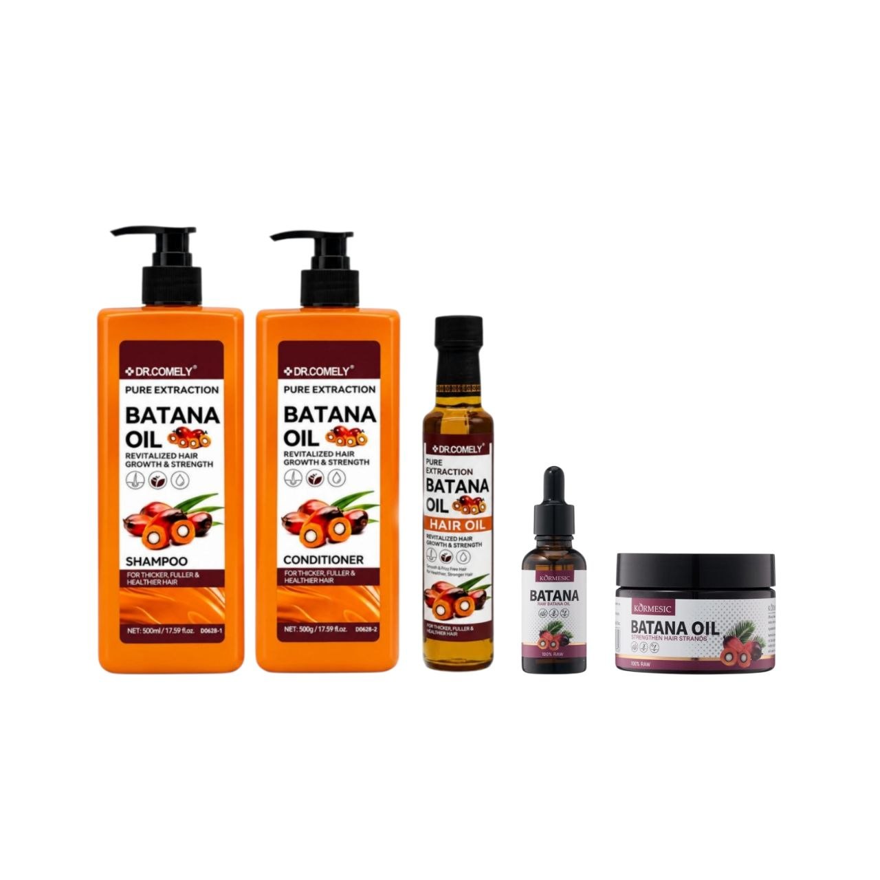 DR.COMELY & KORMESIC Batana Oil Strengthening Hair Combo 5-piece luxury hair care collection with shampoo, conditioner, hair oil, raw Batana oil and hair mask.