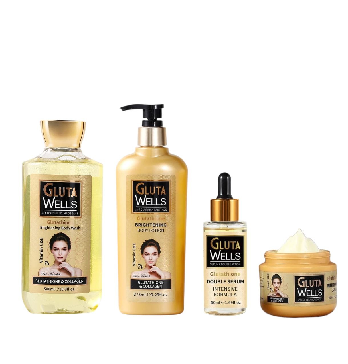 Glutathione & Collagen Brightening Kit with body wash, lotion, double serum and cream for radiant, hydrated skin