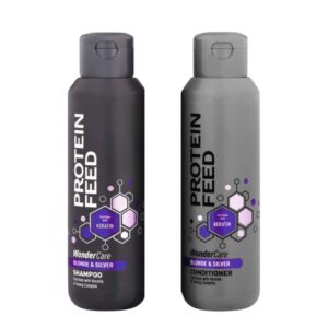 PROTEIN FEED Shampoo and Conditioner Blonde & Silver haircare duo for blonde, silver, grey, and highlighted hair.
