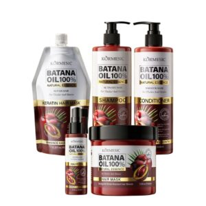 KORMESIC Natural Essence Batana Oil Complete Kit including Batana Oil shampoo, conditioner, hair masks, and nourishing hair oil for complete hair care.