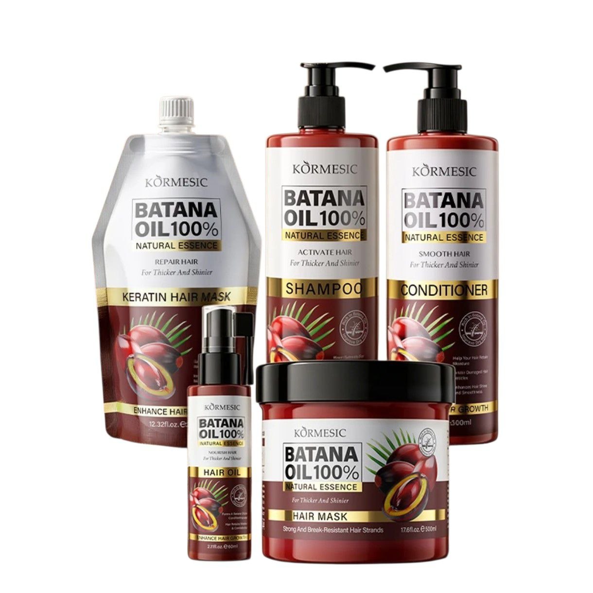 KORMESIC Natural Essence Batana Oil Complete Kit including Batana Oil shampoo, conditioner, hair masks, and nourishing hair oil for complete hair care.