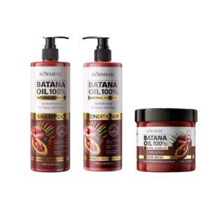 KORMESIC Natural Essence Batana Oil Shampoo, Conditioner and Hair Mask Combo for cleansing, conditioning, and nourishing all hair types.