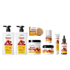 SADOER Batana Oil Complete Repairing Hair and Scalp Soothing Kit featuring shampoo, conditioner, hair mask, hair oil, wax stick, soap, roll-on, and dense oil treatment.