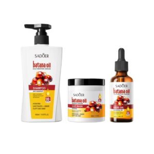 SADOER Batana Oil Shampoo, Hair Mask and Hair Oil set for cleansing, nourishing, and enhancing healthy-looking hair.